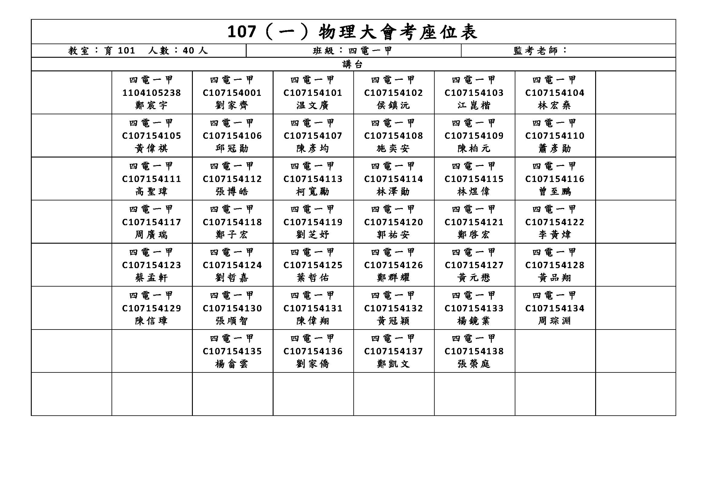 座位表更新 電資學院107學年度第一學期第一次物理大會考範圍 座位表公告 注意事項